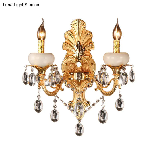 Metal Gold Candle Sconce Light With Crystal Drop - Traditional 2-Head Living Room Wall Mount