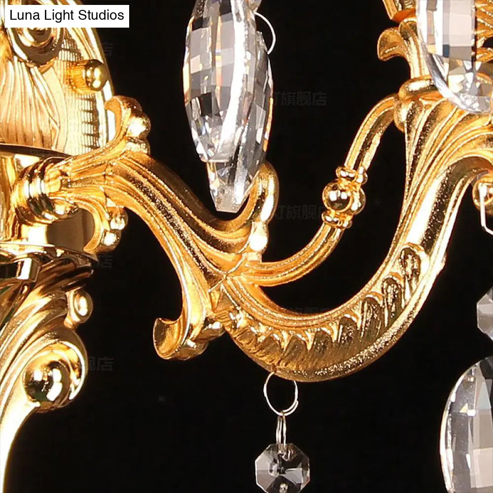 Metal Gold Candle Sconce Light With Crystal Drop - Traditional 2-Head Living Room Wall Mount