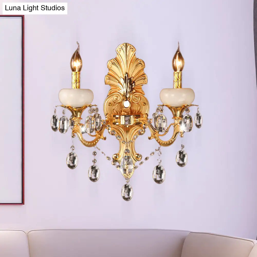 Metal Gold Candle Sconce Light With Crystal Drop - Traditional 2-Head Living Room Wall Mount