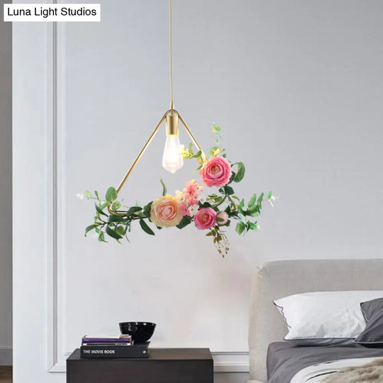 Metal Gold Ceiling Pendant Industrial Hanging Light Fixture With Artificial Flower Design - 1 Head