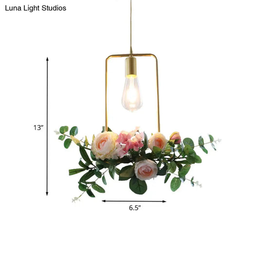 Metal Gold Ceiling Pendant Industrial Hanging Light Fixture With Artificial Flower Design - 1 Head