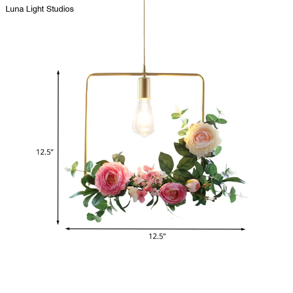 Metal Gold Ceiling Pendant With Artificial Flower: Industrial Hanging Light Fixture Frame Options