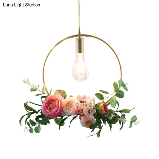 Metal Gold Ceiling Pendant With Artificial Flower: Industrial Hanging Light Fixture Frame Options