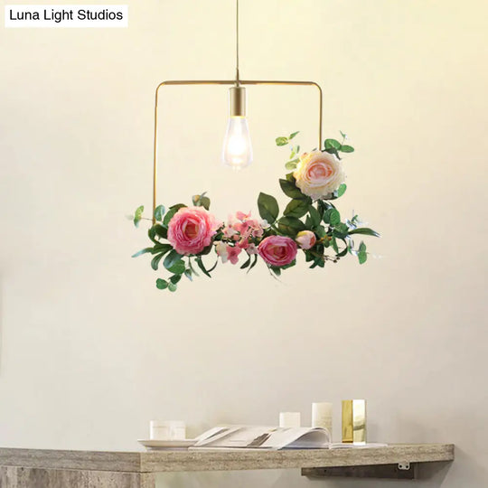 Metal Gold Ceiling Pendant With Artificial Flower: Industrial Hanging Light Fixture Frame Options