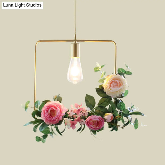 Metal Gold Ceiling Pendant With Artificial Flower: Industrial Hanging Light Fixture Frame Options