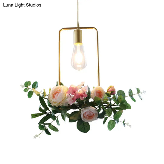 Metal Gold Ceiling Pendant Industrial Hanging Light Fixture With Artificial Flower Design - 1 Head