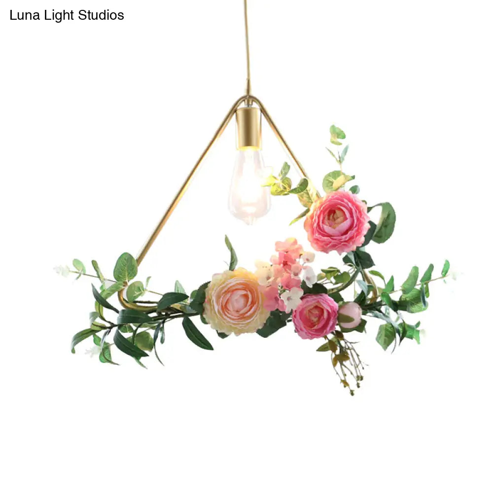 Metal Gold Ceiling Pendant With Artificial Flower: Industrial Hanging Light Fixture Frame Options