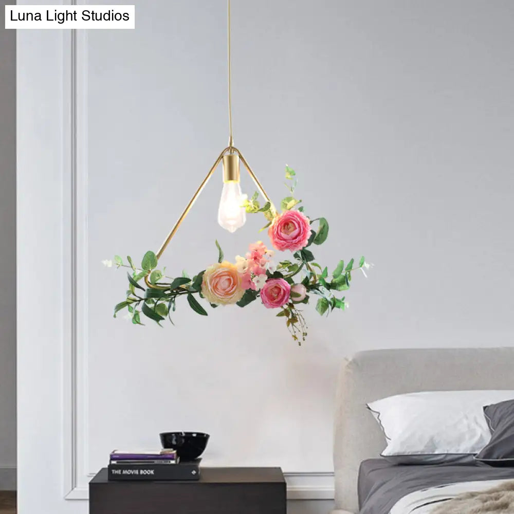 Metal Gold Ceiling Pendant With Artificial Flower: Industrial Hanging Light Fixture Frame Options