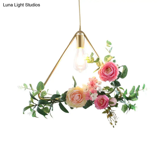 Metal Gold Ceiling Pendant Industrial Hanging Light Fixture With Artificial Flower Design - 1 Head