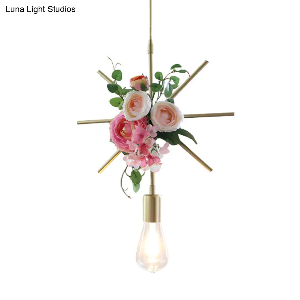 Metal Gold Ceiling Pendant With Artificial Flower: Industrial Hanging Light Fixture Frame Options