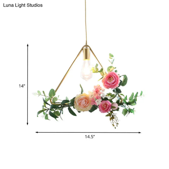 Metal Gold Ceiling Pendant With Artificial Flower: Industrial Hanging Light Fixture Frame Options