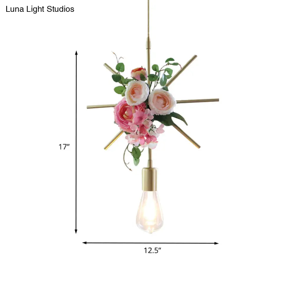 Metal Gold Ceiling Pendant With Artificial Flower: Industrial Hanging Light Fixture Frame Options