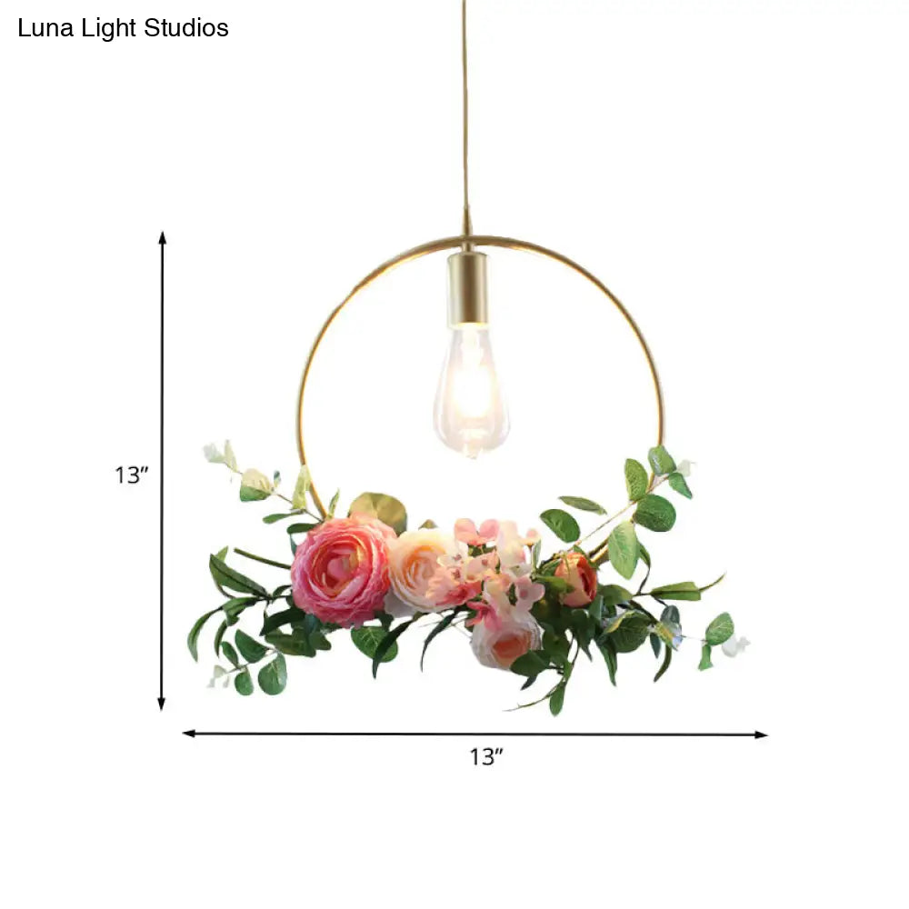 Metal Gold Ceiling Pendant Industrial Hanging Light Fixture With Artificial Flower Design - 1 Head