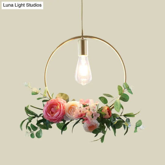 Metal Gold Ceiling Pendant With Artificial Flower: Industrial Hanging Light Fixture Frame Options