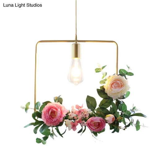 Metal Gold Ceiling Pendant With Artificial Flower: Industrial Hanging Light Fixture Frame Options