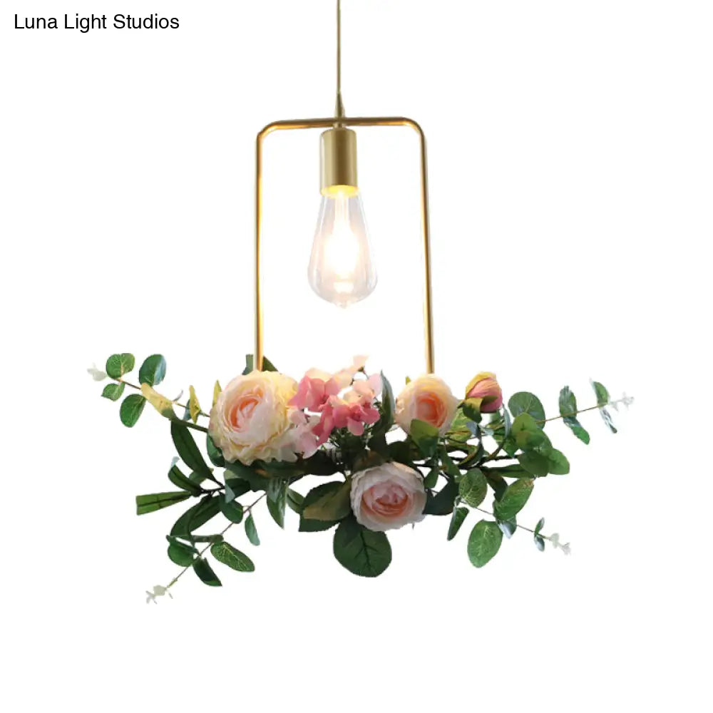 Metal Gold Ceiling Pendant With Artificial Flower: Industrial Hanging Light Fixture Frame Options