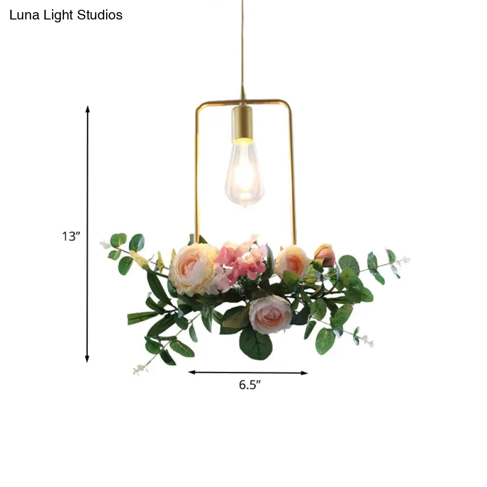 Metal Gold Ceiling Pendant With Artificial Flower: Industrial Hanging Light Fixture Frame Options