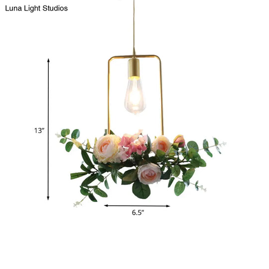 Metal Gold Ceiling Pendant With Artificial Flower: Industrial Hanging Light Fixture Frame Options