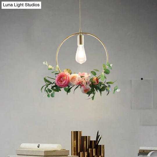 Metal Gold Ceiling Pendant With Artificial Flower: Industrial Hanging Light Fixture Frame Options