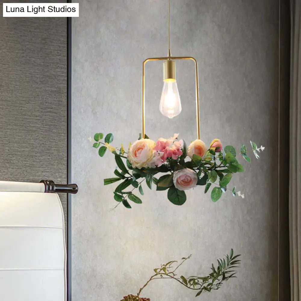 Metal Gold Ceiling Pendant With Artificial Flower: Industrial Hanging Light Fixture Frame Options