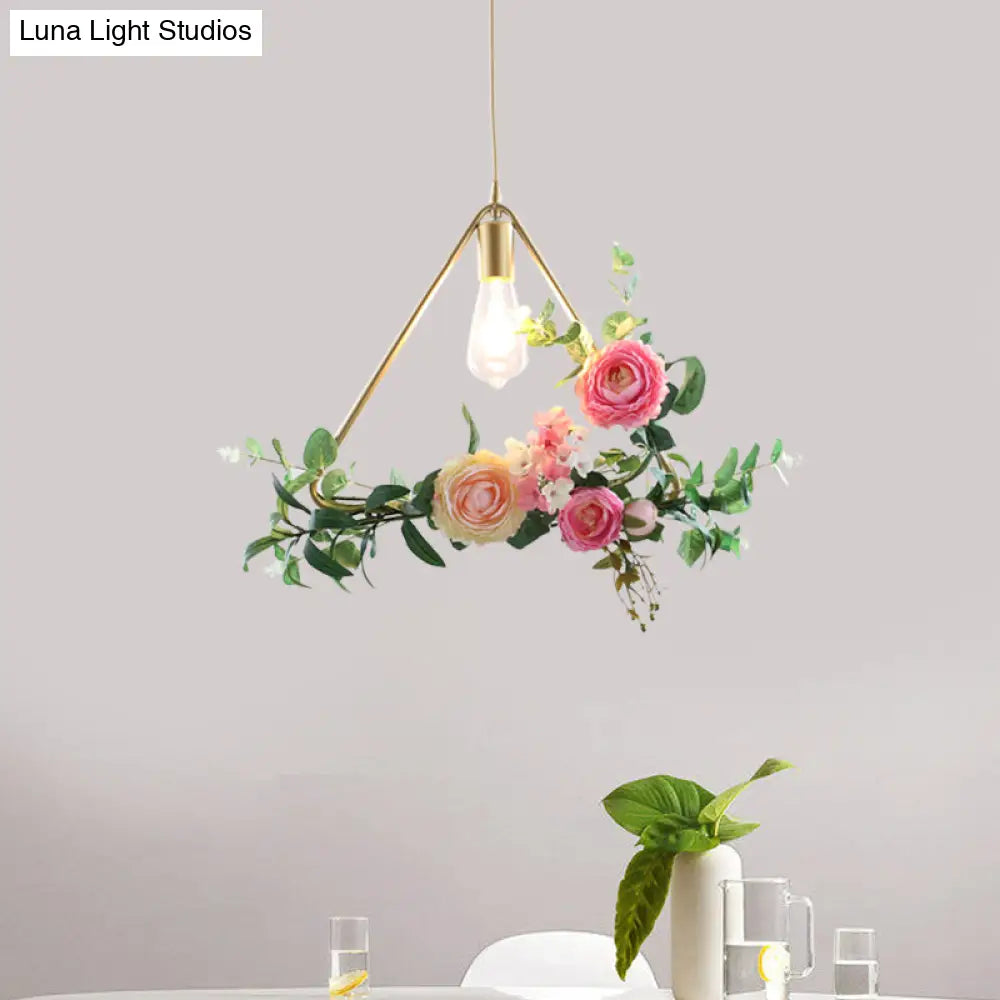 Metal Gold Ceiling Pendant With Artificial Flower: Industrial Hanging Light Fixture Frame Options