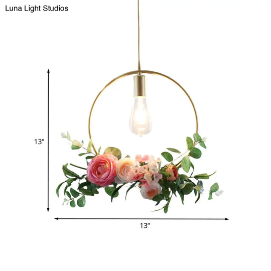 Metal Gold Ceiling Pendant With Artificial Flower: Industrial Hanging Light Fixture Frame Options