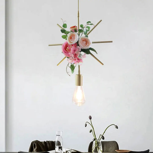 Metal Gold Ceiling Pendant With Artificial Flower: Industrial Hanging Light Fixture Frame Options /