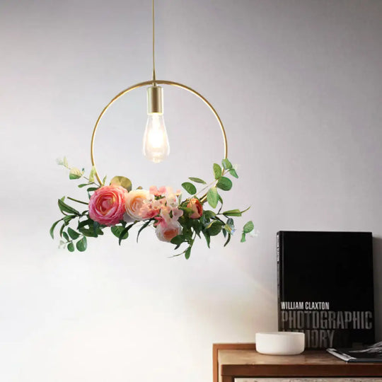 Metal Gold Ceiling Pendant With Artificial Flower: Industrial Hanging Light Fixture Frame Options /