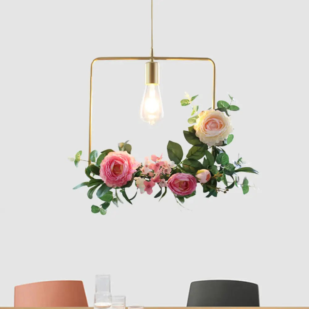 Metal Gold Ceiling Pendant With Artificial Flower: Industrial Hanging Light Fixture Frame Options /