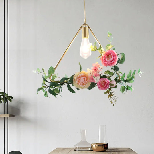 Metal Gold Ceiling Pendant With Artificial Flower: Industrial Hanging Light Fixture Frame Options /