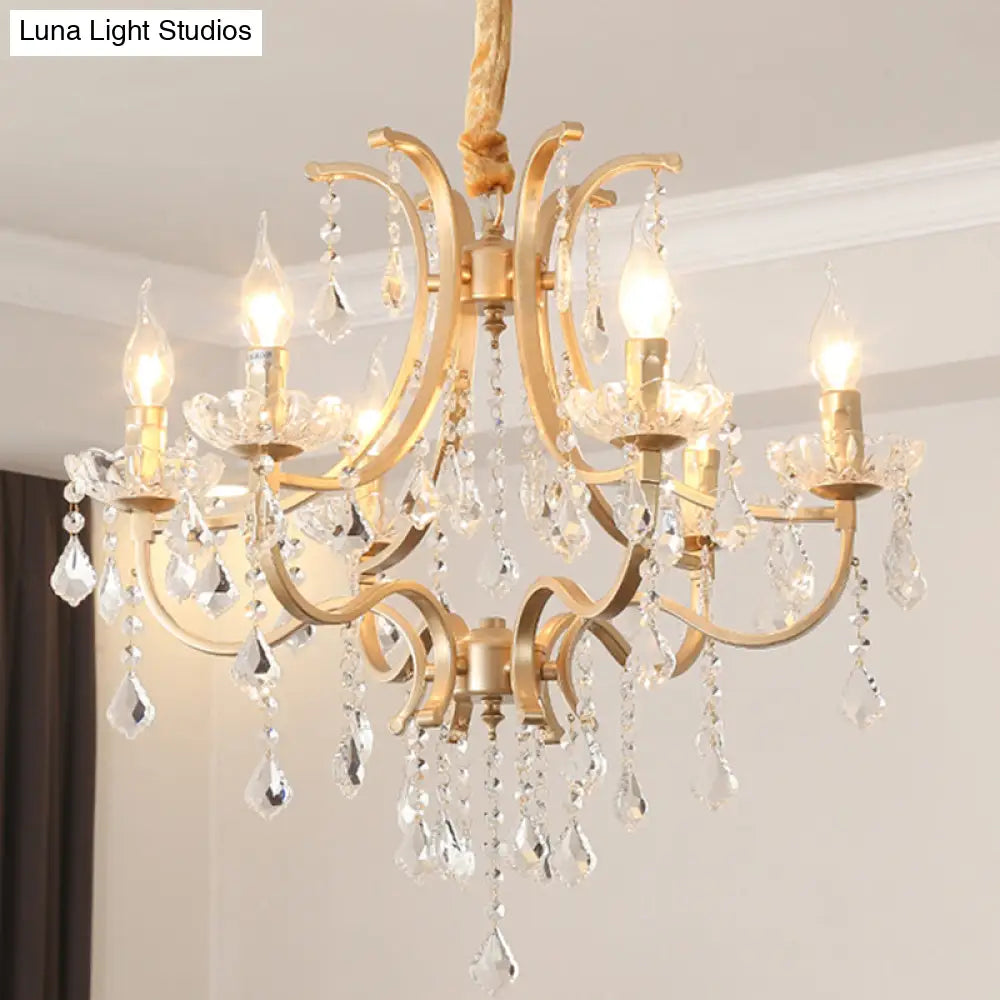 Metal Gold Plated Chandelier: Antique Style Hanging Ceiling Light With Crystal Draping