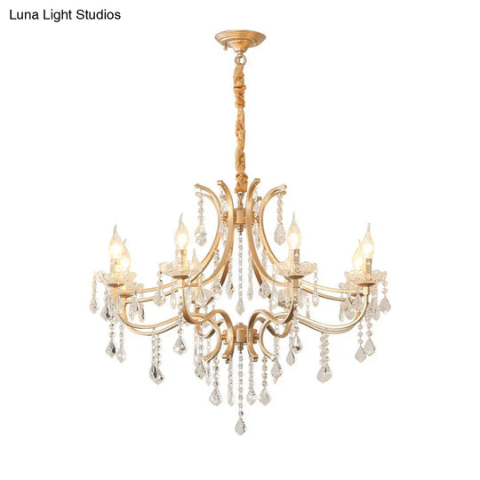 Metal Gold Plated Chandelier: Antique Style Hanging Ceiling Light With Crystal Draping