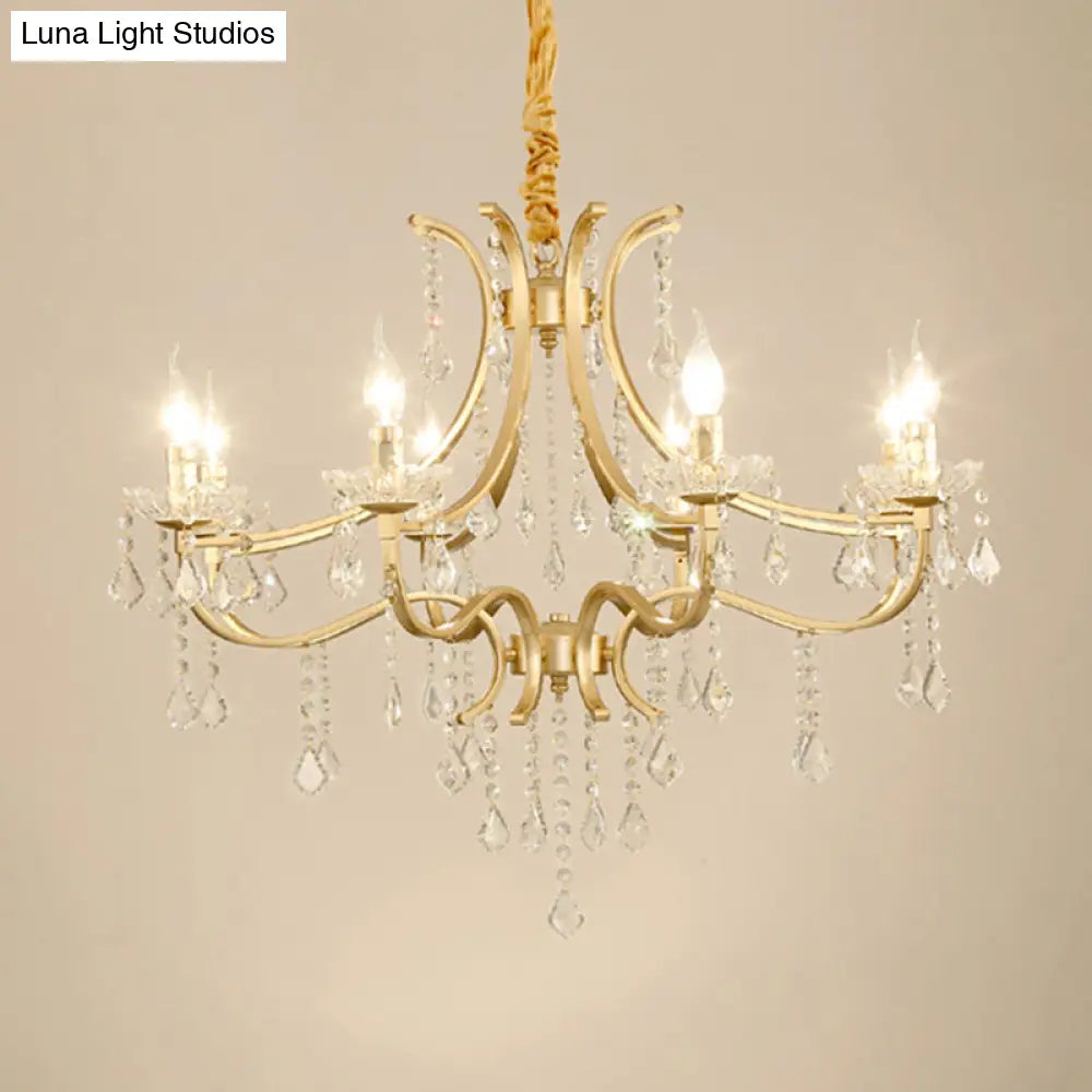 Metal Gold Plated Chandelier: Antique Style Hanging Ceiling Light With Crystal Draping