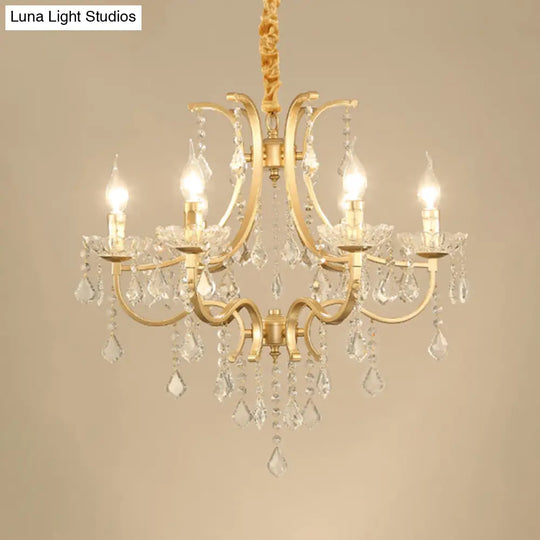 Metal Gold Plated Chandelier: Antique Style Hanging Ceiling Light With Crystal Draping