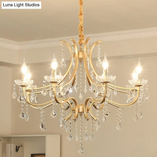 Metal Gold Plated Chandelier: Antique Style Hanging Ceiling Light With Crystal Draping