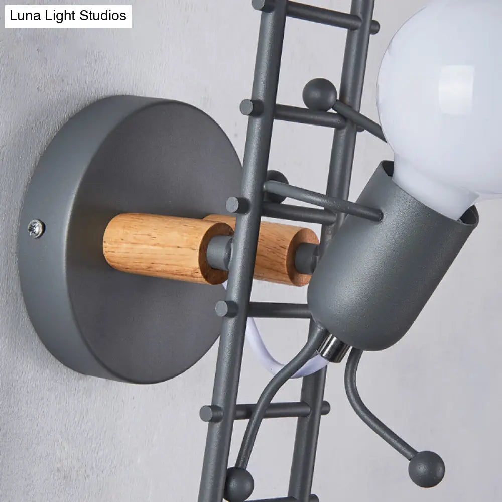 Metal Gray/White/Green Cartoon Bare Bulb Wall Light Fixture - Indoor 1-Head Mount With Little People