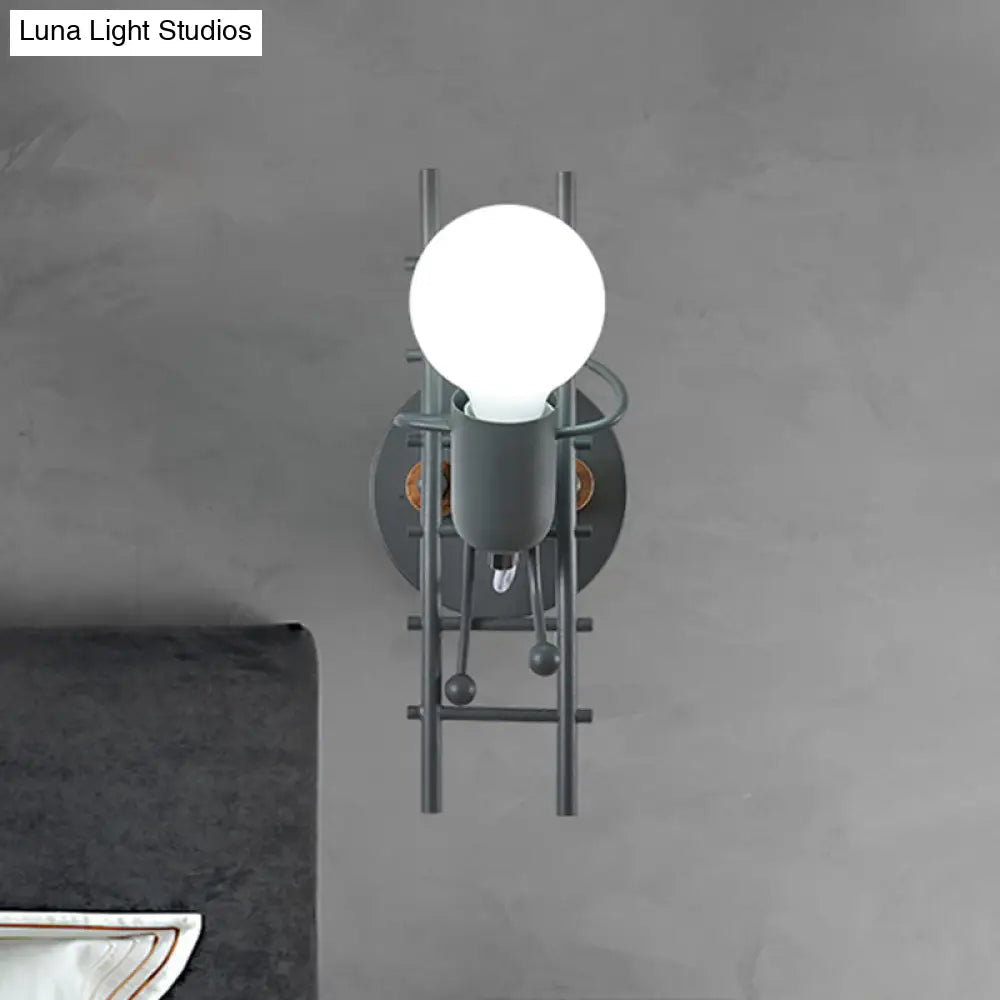 Metal Gray/White/Green Cartoon Bare Bulb Wall Light Fixture - Indoor 1-Head Mount With Little People