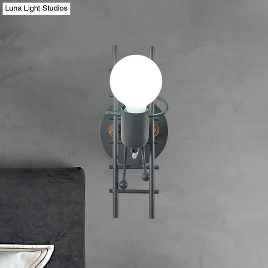 Metal Gray/White/Green Cartoon Bare Bulb Wall Light Fixture - Indoor 1-Head Mount With Little People