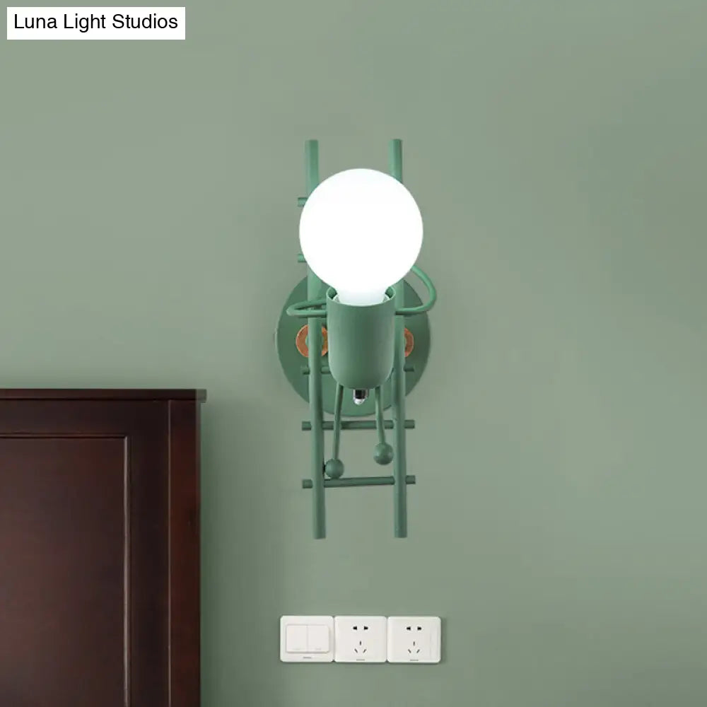 Metal Gray/White/Green Cartoon Bare Bulb Wall Light Fixture - Indoor 1-Head Mount With Little People