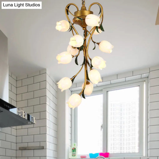 Metal Hanging Chandelier With 12 Bulbs - American Garden Brass Blossom Design Led Pendant Lighting