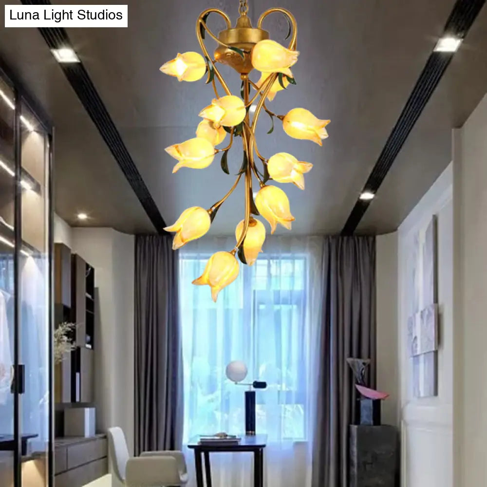 Metal Hanging Chandelier With 12 Bulbs - American Garden Brass Blossom Design Led Pendant Lighting