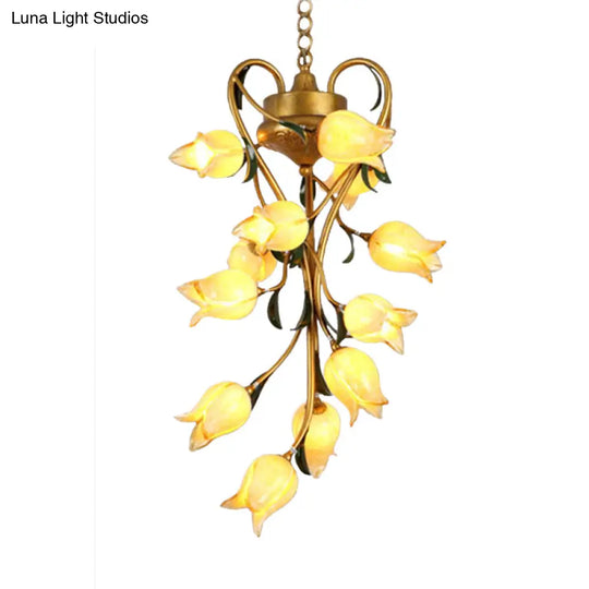 Metal Hanging Chandelier With 12 Bulbs - American Garden Brass Blossom Design Led Pendant Lighting