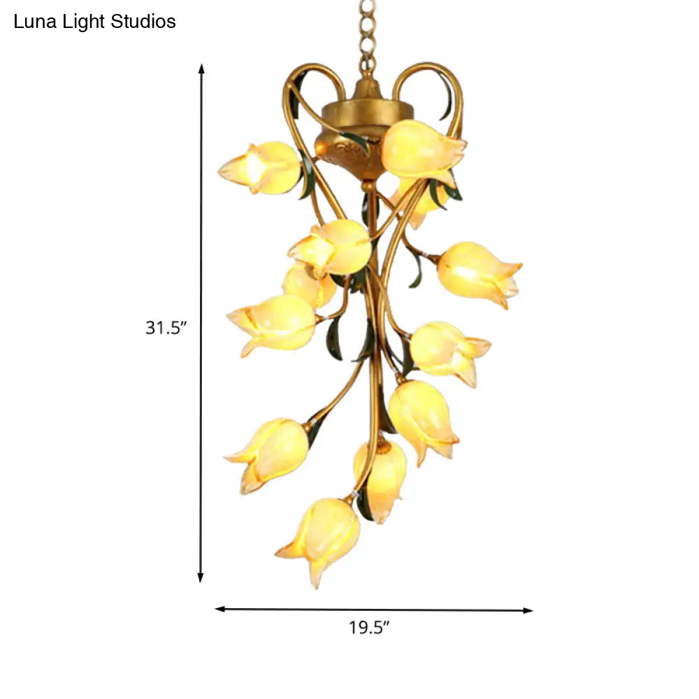 Metal Hanging Chandelier With 12 Bulbs - American Garden Brass Blossom Design Led Pendant Lighting