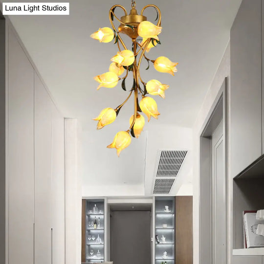 Metal Hanging Chandelier With 12 Bulbs - American Garden Brass Blossom Design Led Pendant Lighting