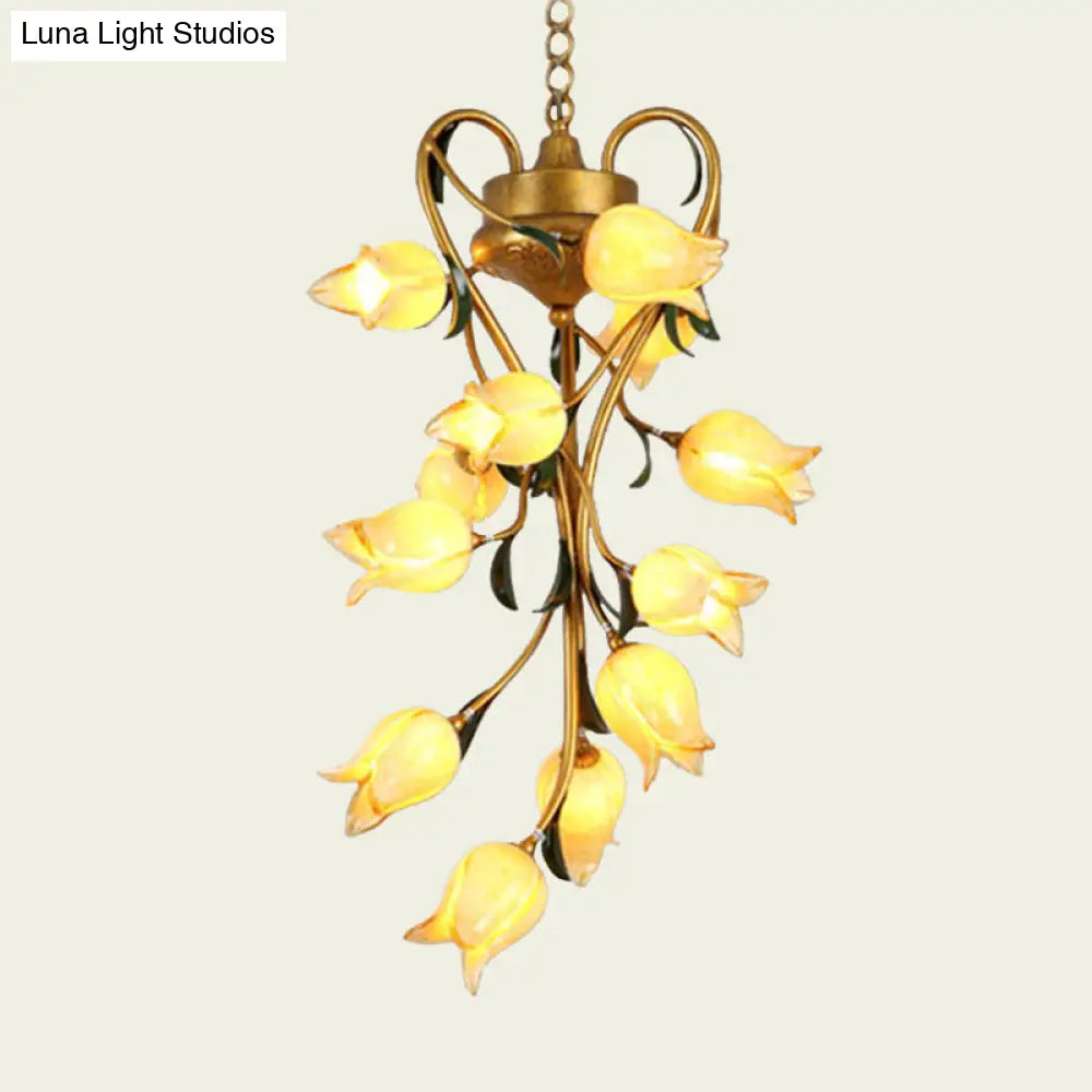 Metal Hanging Chandelier With 12 Bulbs - American Garden Brass Blossom Design Led Pendant Lighting