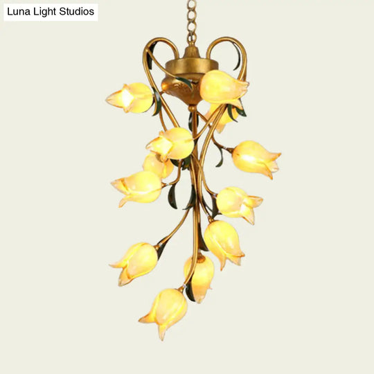 Metal Hanging Chandelier With 12 Bulbs - American Garden Brass Blossom Design Led Pendant Lighting