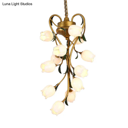 Metal Hanging Chandelier With 12 Bulbs - American Garden Brass Blossom Design Led Pendant Lighting