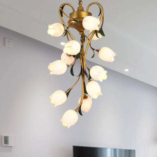 Metal Hanging Chandelier With 12 Bulbs - American Garden Brass Blossom Design Led Pendant Lighting