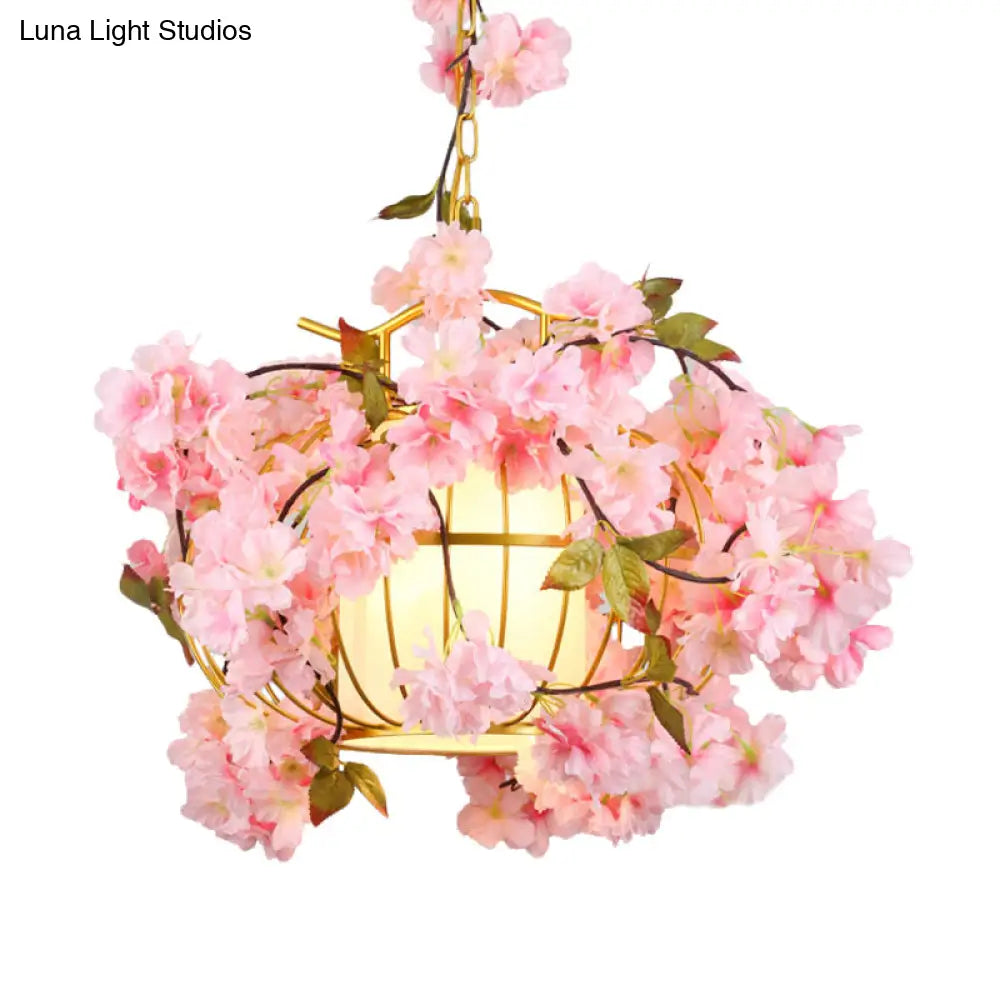 Metal Hanging Lantern Cage Light Fixture - Factory Red/Pink/Green Down Lighting With Fabric Shade