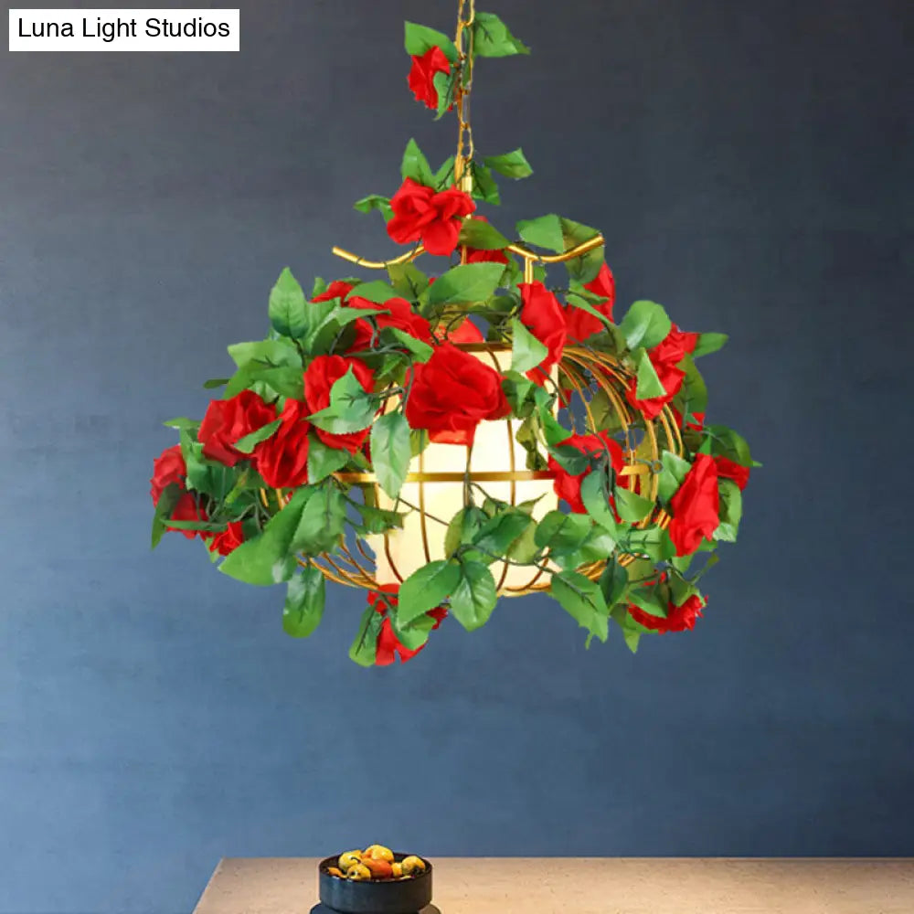 Metal Hanging Lantern Cage Light Fixture With Fabric Shade: Red/Pink/Green Green-Red